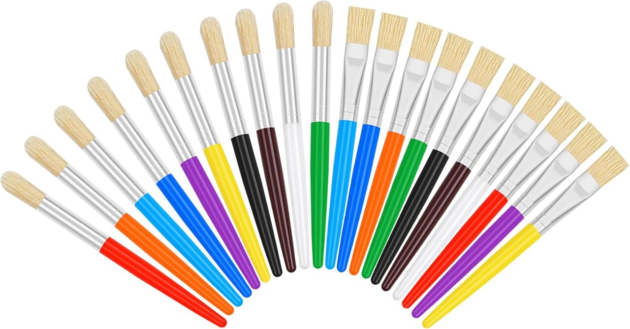 20 Pcs Paint Brushes for Kids, Round and Flat Kids Paint Brushes, Easy Hold and Clean Toddler Paint Brushes, Bristle Craft Paint Brushes for Acrylic Oil Watercolor Washable Paint
